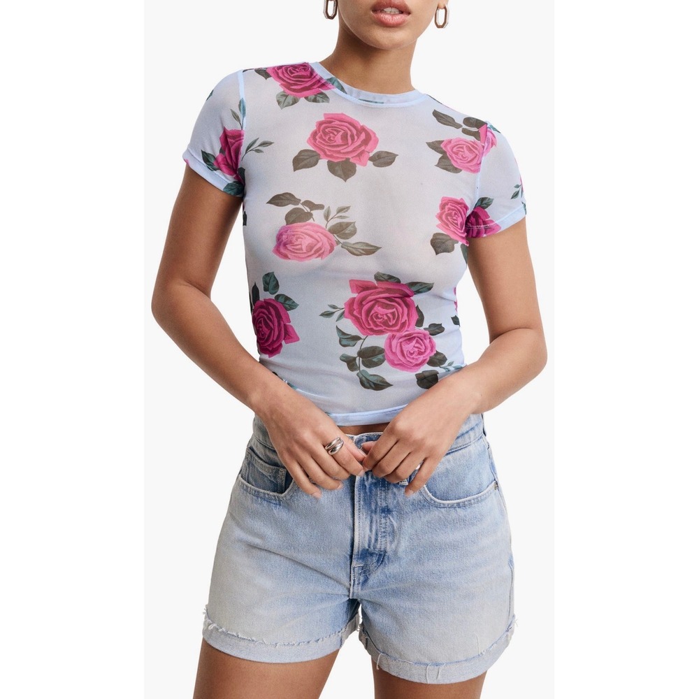 Good American Mesh Baby Tee Vintage Rose Floral Sheer Top Blue Pink Medium NWT